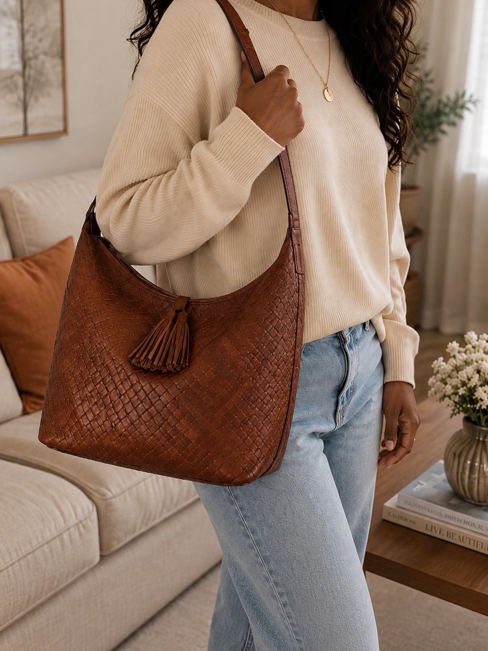 Patricia Nash Woven Leather Shoulder Bag in Brown with Tassel